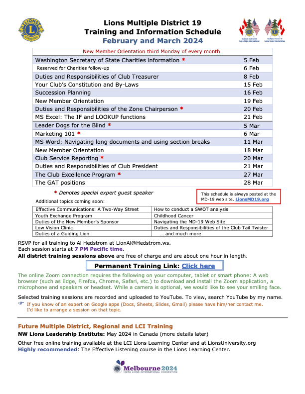 MD19 training schedule